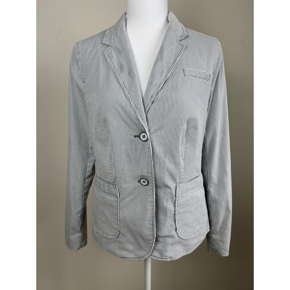 Grace‎ Sz 8 Stripe Blazer Jacket Gray White Academia Coastal Nautical Career